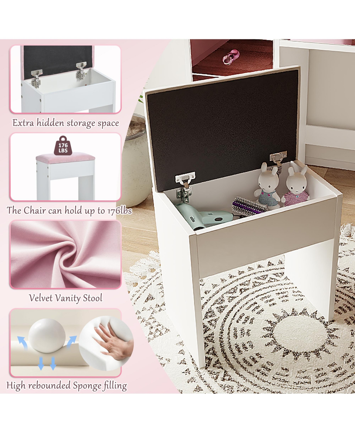 Rainsken Dressing Table Set with Cushioned Stool, Modern Makeup Vanity with Glass Top, 11 Led Bulbs, 6 Storage Drawer and Shelves for Bedroom