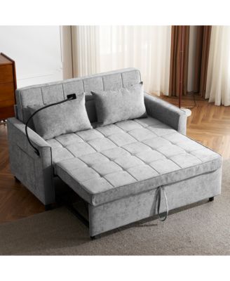 56.9" Loveseat Sofa Couch, Pull-Out Sleeper Sofa Bed with a Reversible Backrest Cushion, 2 USB Ports and a Phone Holder for Living Room