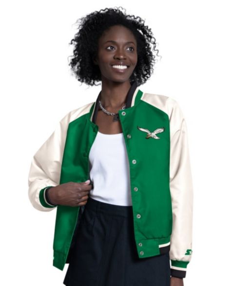 Женские куртки Starter Women's Kelly Green/White Philadelphia Eagles Raglan Blitz Full-Snap Varsity Jacket