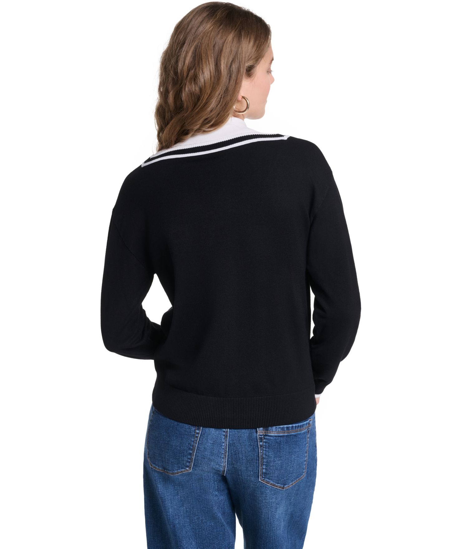 Женский свитер KARL LAGERFELD PARIS Petite Twofer Collared, цвет: Чёрный / Мягкий белый — фото 5