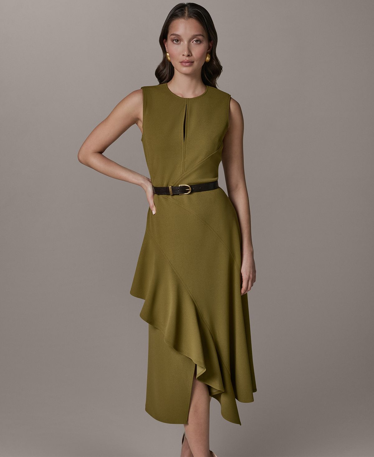 Donna Karan New York Women's Sleeveless Asymmetrical Belted Midi Dress view 2 — MAYCSS fashion products