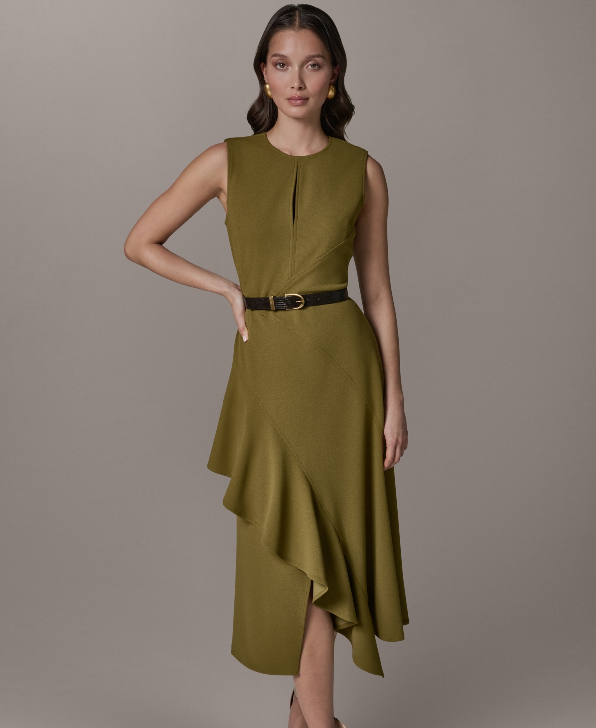 Donna Karan New York Women's Sleeveless Asymmetrical Belted Midi Dress
