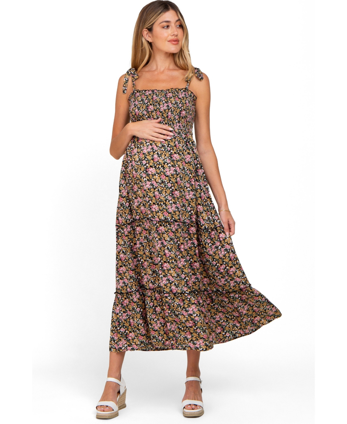 Pinkblush Maternity Black Multi-Color Floral Sleeveless Tiered Maxi Dress