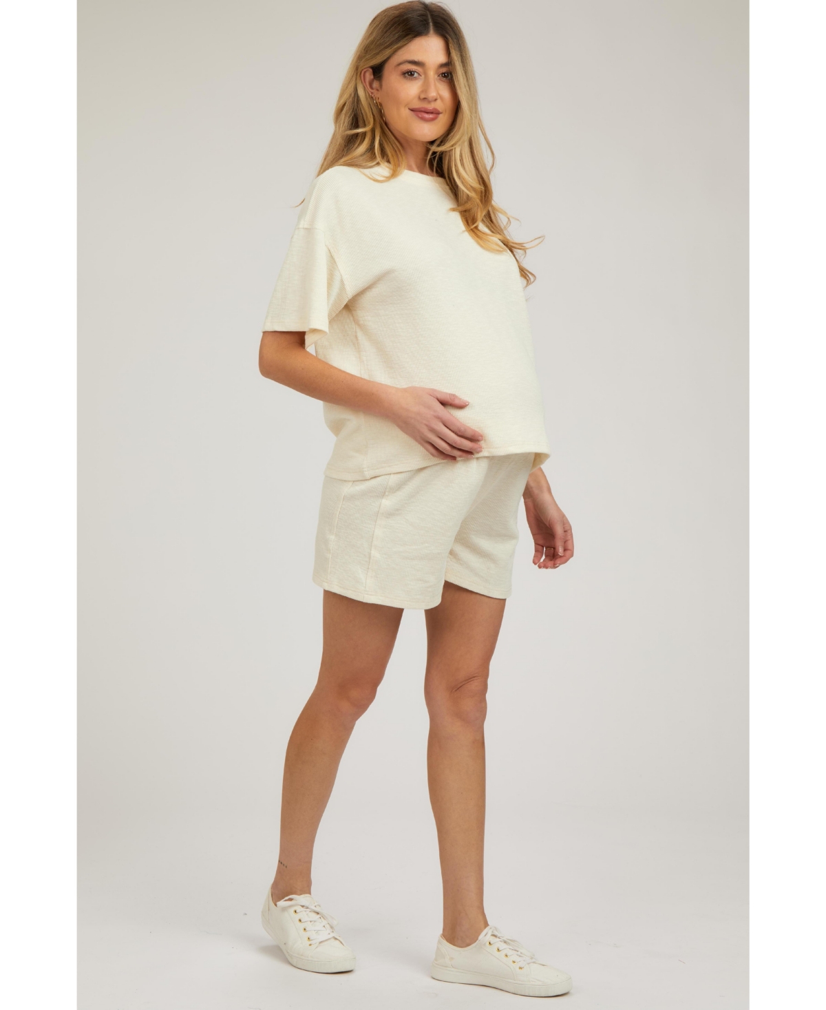 Pinkblush Maternity Cream Ribbed Short Sleeve Set