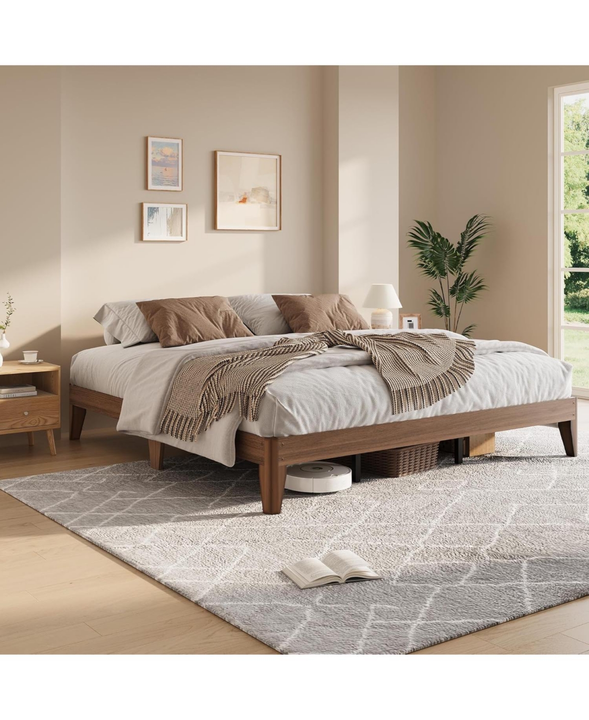gaomon Wood Platform Bed Frame, Solid Wooden Legs and Wooden Slats Support, Sturdy Metal Central Structure, No Box Spring Needed