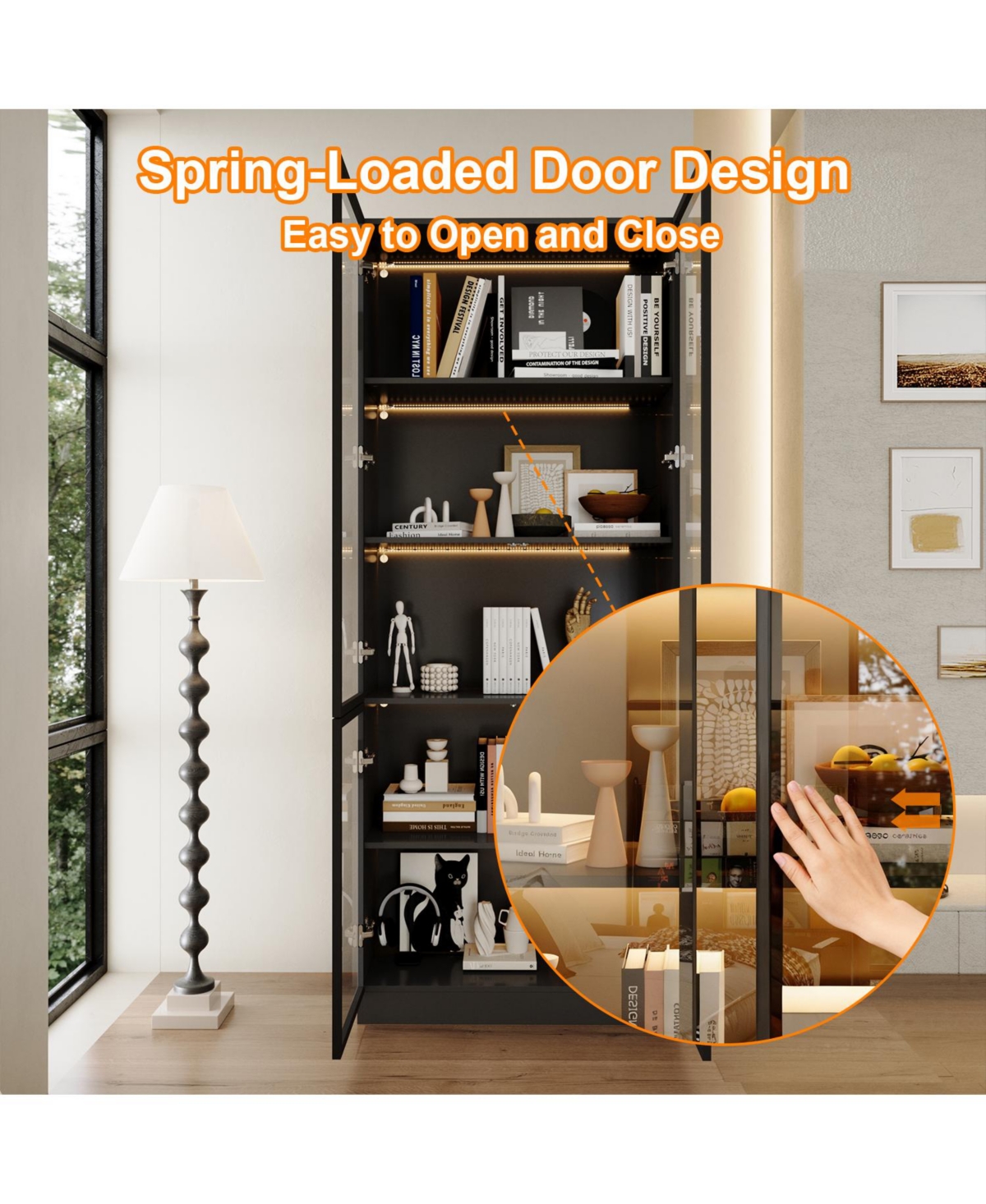 Homsee Modern 4-Door Led Bookcase Aluminum Frame Glass Display Cabinet Living Room Storage