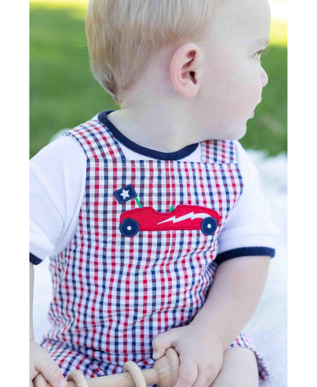 Florence Eiseman Baby Boy Plaid Seersucker Shortall With Derby Car