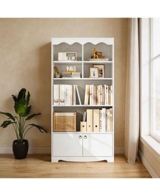Modern Wave Top Bookcase, Wood and Melamine Board Storage Cabinet with Gold Handles, 6-Cube Organizer Cabinet Easy Assembly for Home Office