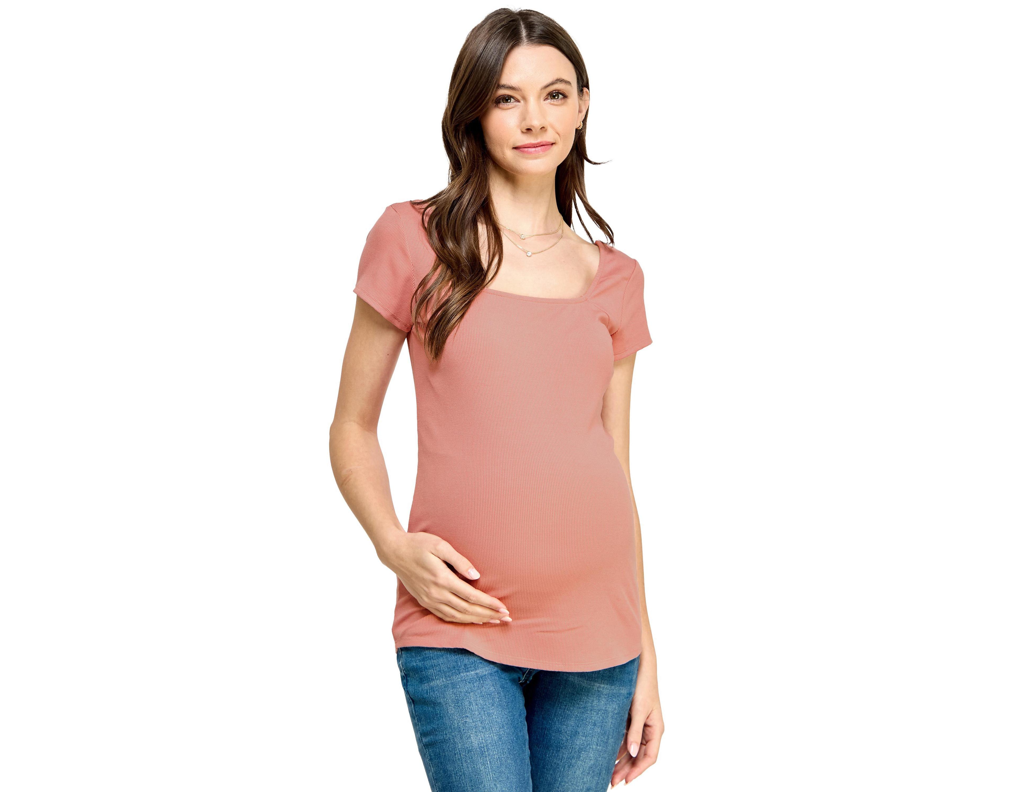 Hello Miz Women's Maternity Ribbed Square Neck Short Sleeve Top