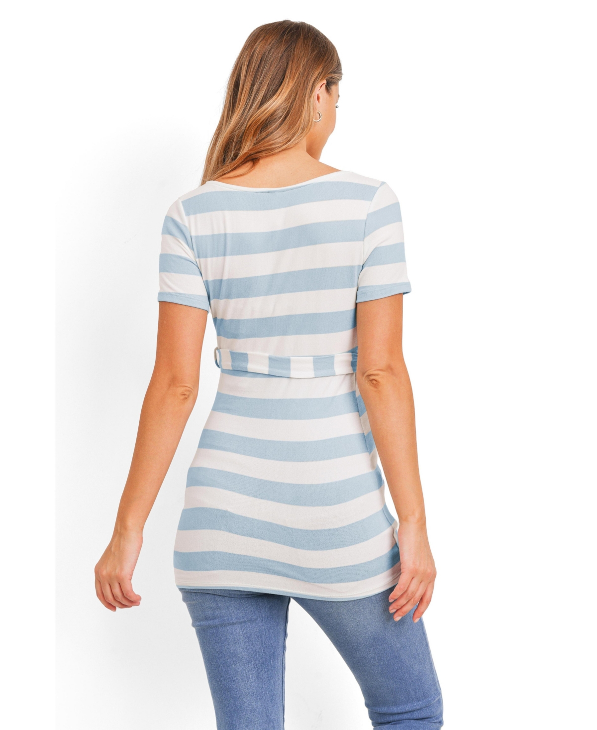 Hello Miz Women's Maternity Striped Tie-Waist Short Sleeve Tunic Top