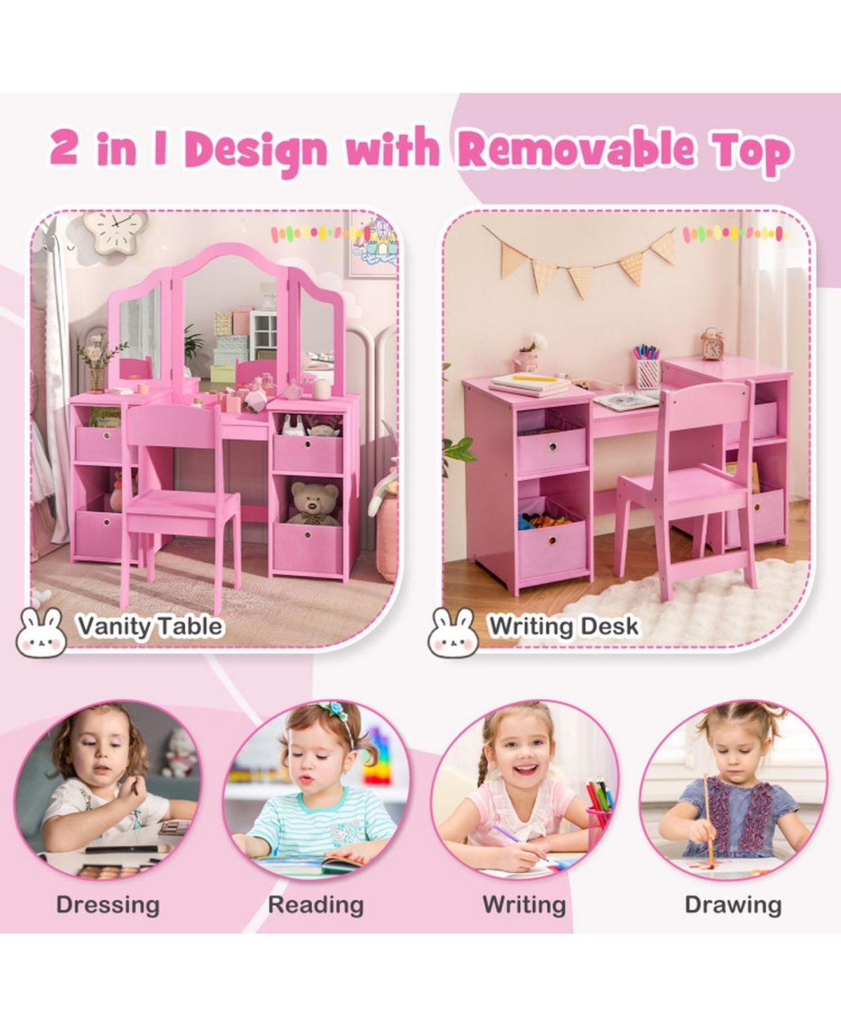 Gouun Kids Vanity Table and Chair Set with 3 Removable Mirrors