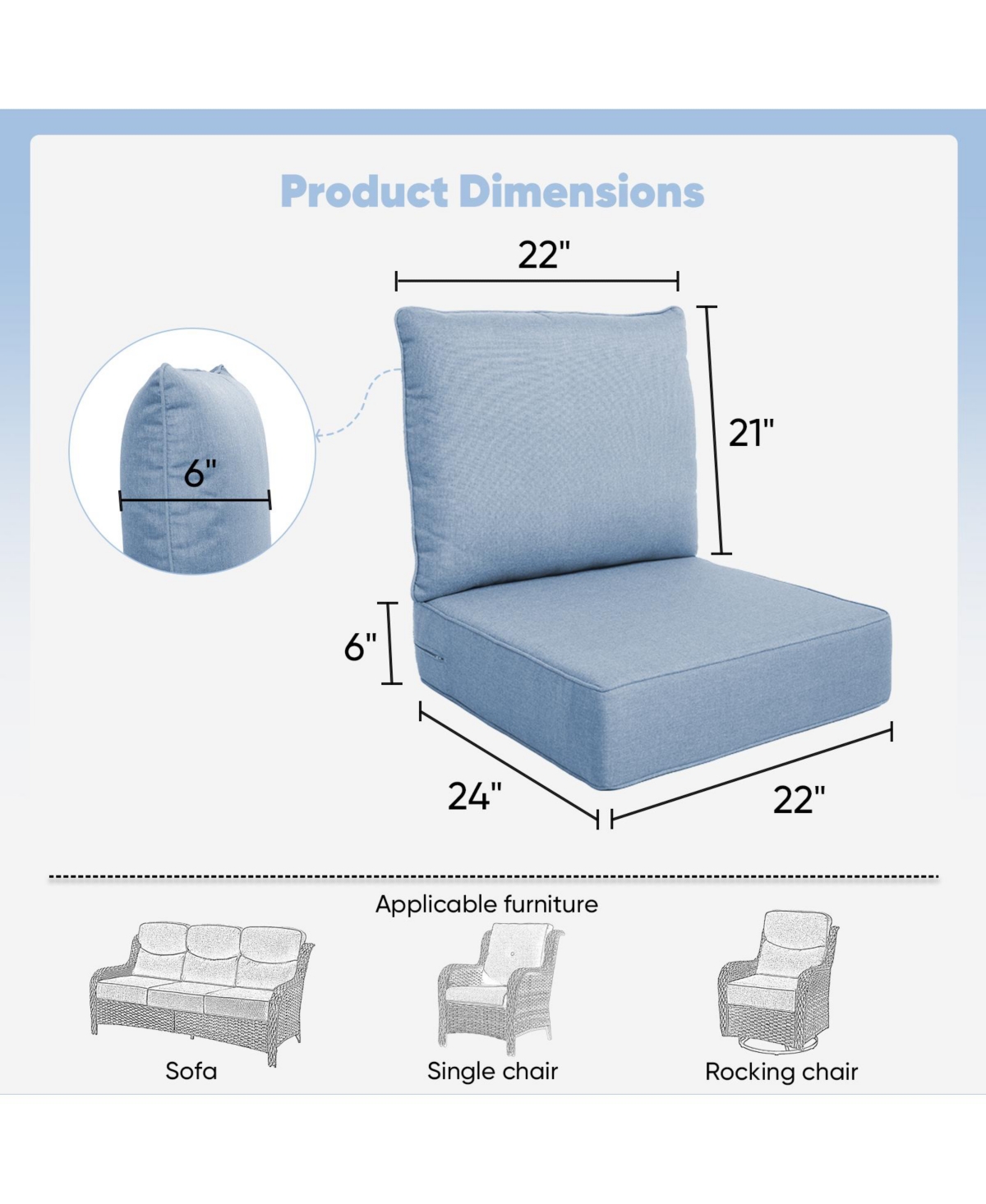 Pocassy Outdoor Chair Cushions Set of 4, Patio Furniture - Removable Cover, Water-Repellent, Replacement for Deep Seat Sofa