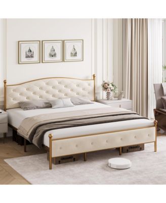 Velvet Upholstered Platform Bed Frame with Wooden Slats Support, Button Tufted Headboard, Mattress Foundation, No Box Spring Needed