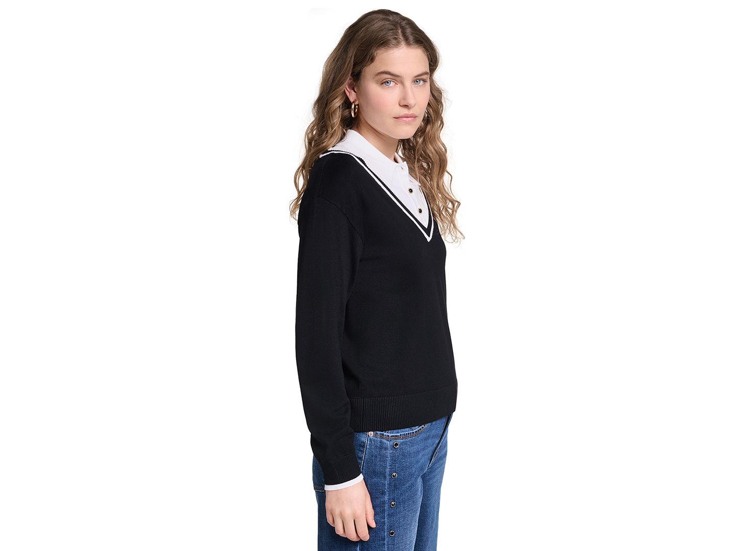 Женский свитер KARL LAGERFELD PARIS Petite Twofer Collared, цвет: Чёрный / Мягкий белый — фото 3