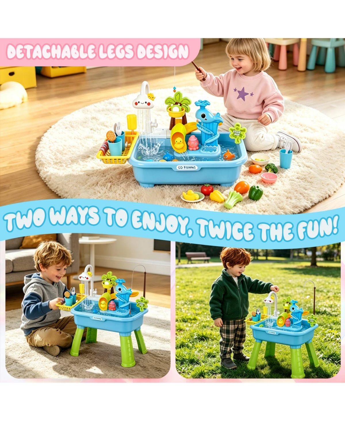 Gnuadz Water Table Kids Outdoor Play Kitchen Fishing Sensory Pump