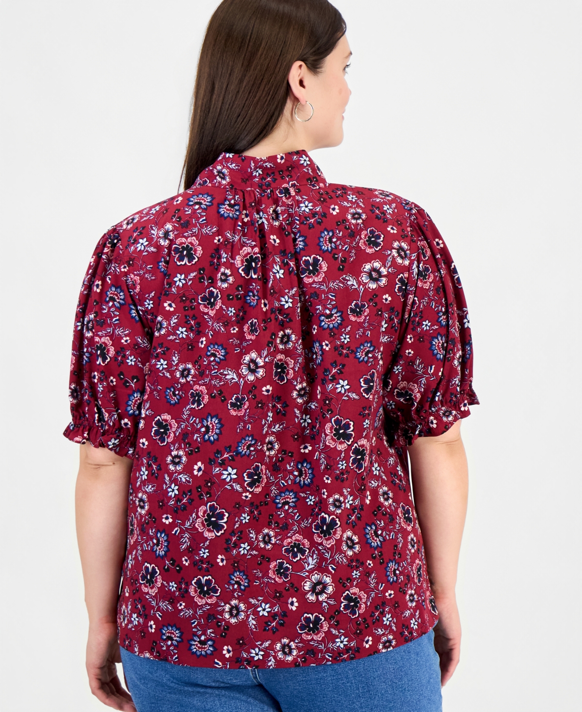 Jones New York Plus Tie Neck Printed Puff Short-Sleeve Top