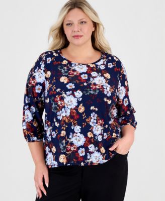 Plus Size Floral Shoulder-Button 3/4-Sleeve Blouse