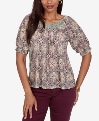 Petite Desert Geo Print Lace Trim Knit Top