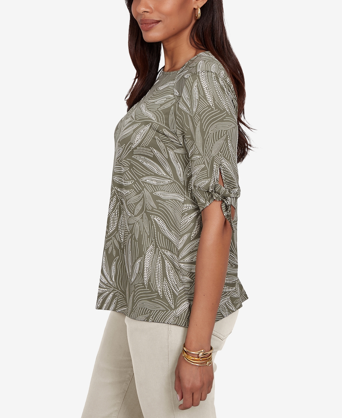 Ruby Rd. Petite Leaf Puff Print Knit Tie Sleeve Top