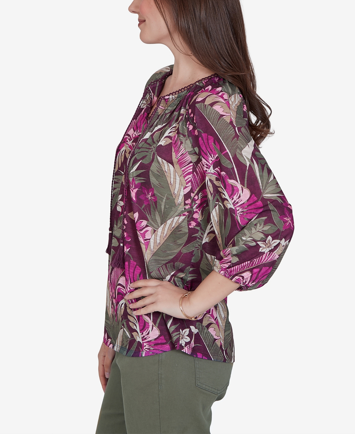 Ruby Rd. Petite Tropical Print Knit Tassel Top