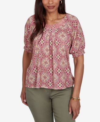 Petite Desert Geo Print Lace Trim Knit Top