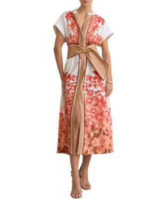 Women's Cotton Floral Belted with Stretch Midi Dress