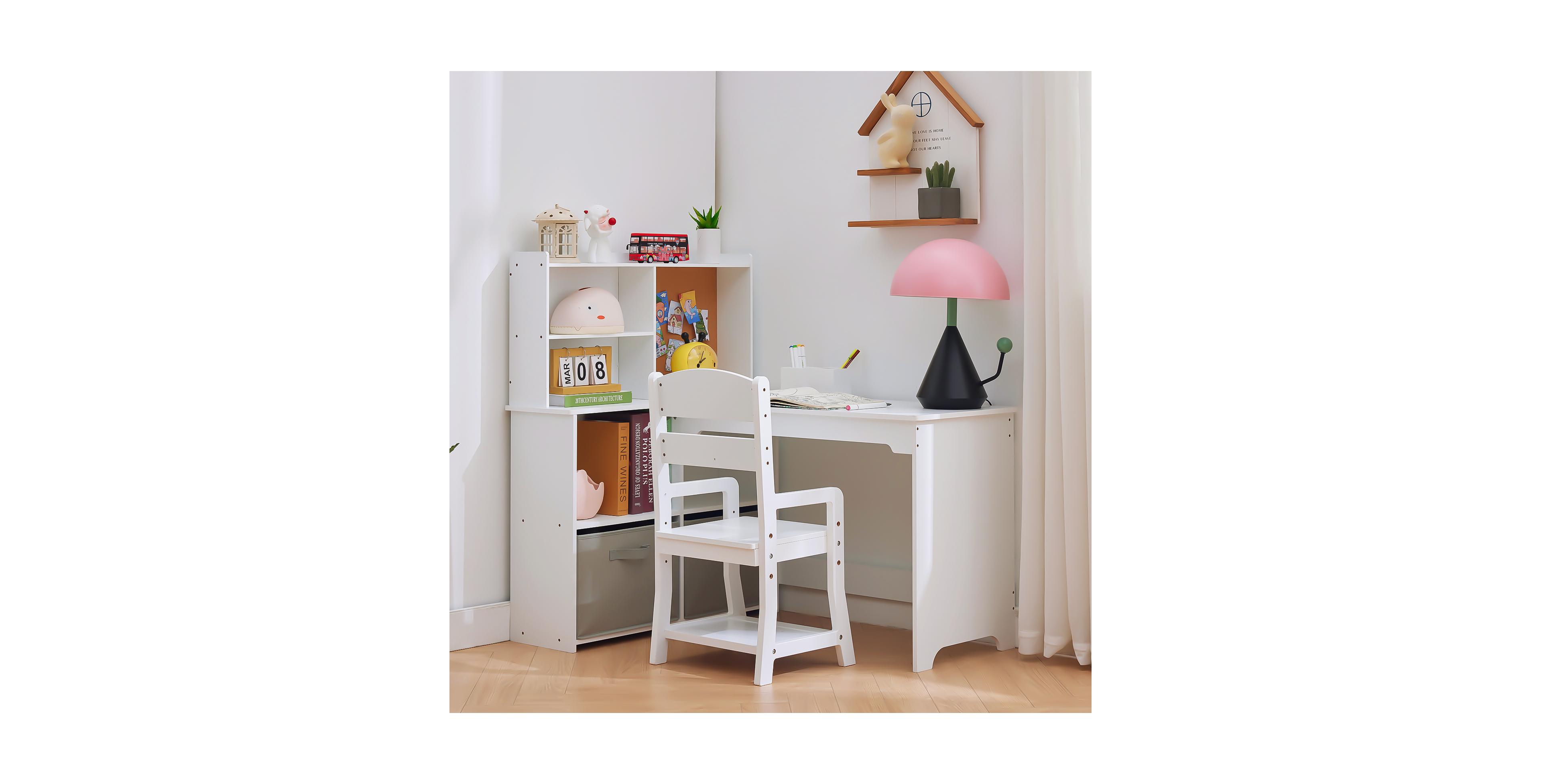 homfan Kids Corner Desk and Chair Set, White L Shaped Study Table with Storage Shelves and Bulletin Board for Bedroom