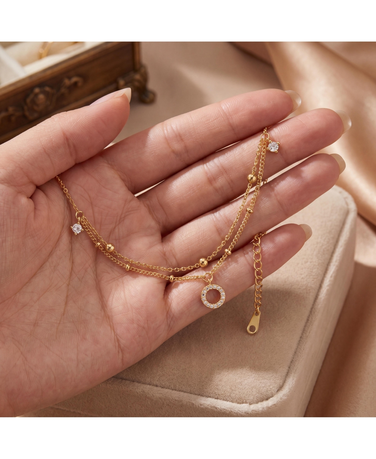 Sterling Silver 14k Yellow Gold Plated Anklet with Clear Cubic Zirconia
