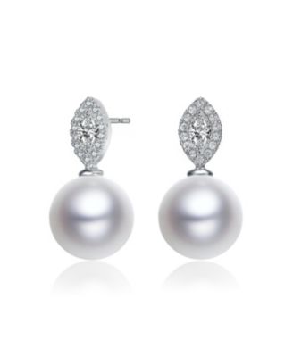 Elegant White Gold Plated CZ & Freshwater Pearl Drop Earrings
