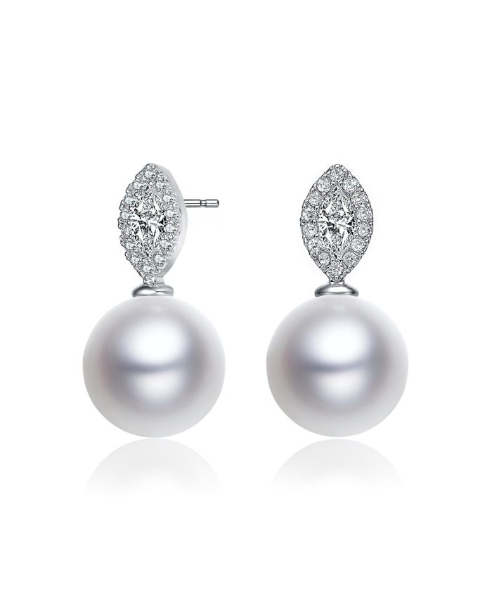 Genevive Elegant White Gold Plated CZ & Freshwater Pearl Drop Earrings