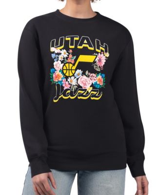 Women's Black Utah Jazz Flowers Team Logo Graphic Fleece Crewneck Pullover Sweatshirt