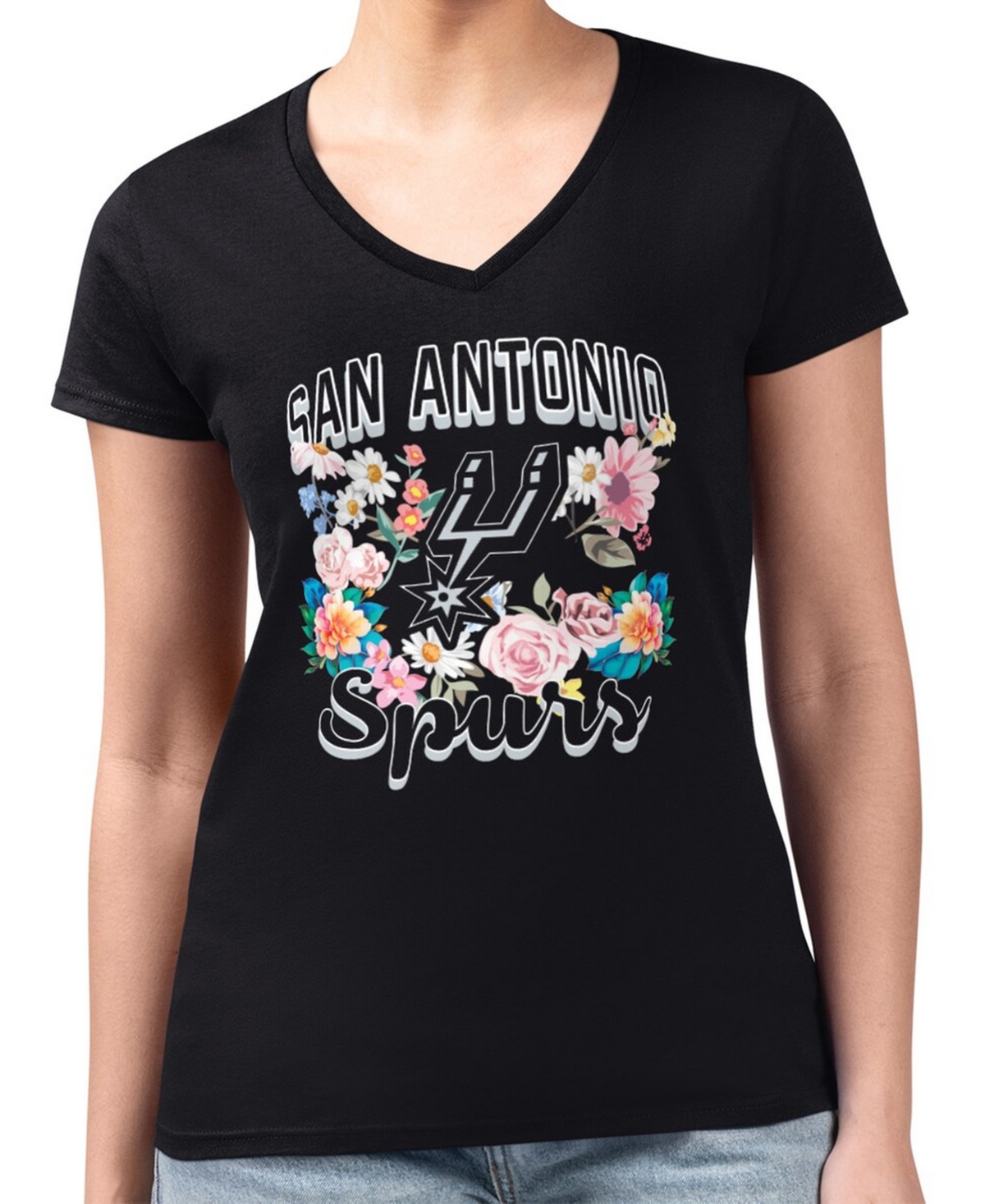 G-iii 4Her By Carl Banks Women's Black San Antonio Spurs Super-Slim Fit Lightweight Flowers Team Logo Graphic V-Neck T-Shirt