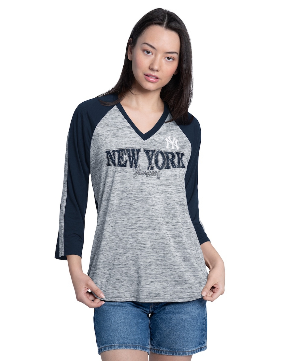 G-iii 4Her by Carl Banks Women's Navy/Heather Navy New York Yankees Speed Training 3/4-Sleeve Rhinestone V-Neck T-Shirt - Navy, Heather Navy