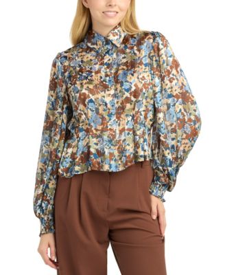 Juniors' Shadow Printed Collared Top