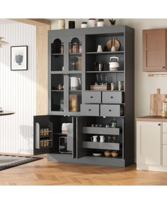 Freestanding Buffet with Hutch, Tall Kitchen Pantry Cabinet with 4 Drawers, Door Shelves and Pull-out Trays for Dining room, Living Room