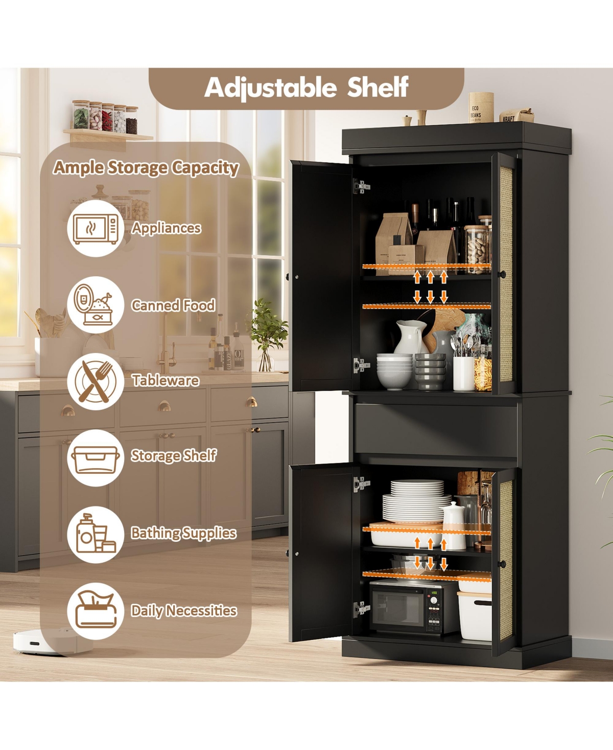 homfan Modern Rattan Pantry Cabinet with Adjustable Shelves and Drawer, Soft-Close Doors, Smooth Slides, Anti-Tip Safety, Freestanding Storage Unit