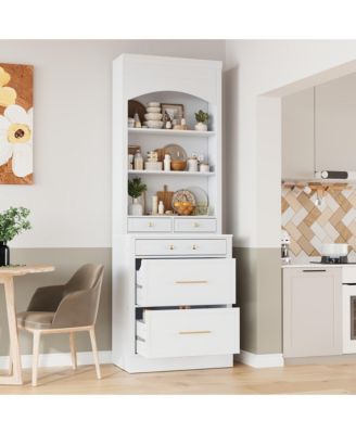 83.7 InchTall Kitchen Pantry, Freestanding Hutch with Faux Marble Top, Storage Cabinet with 5 Drawers and Adjustable Shelf