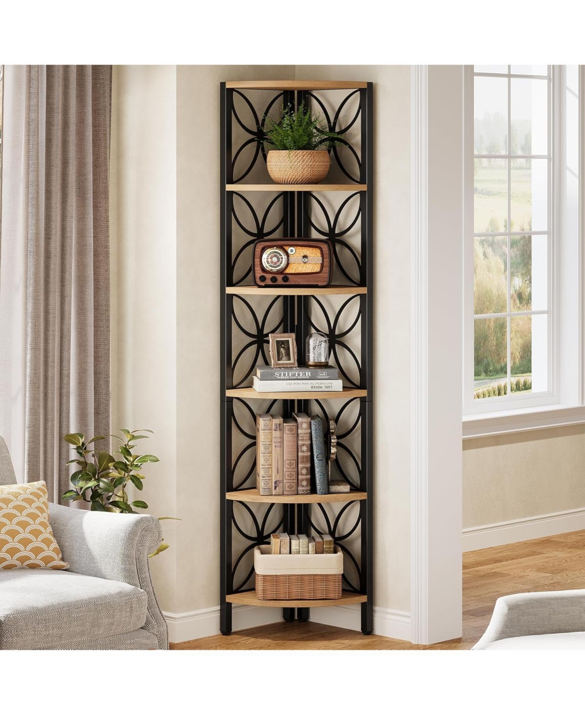 Tribesigns 6-Tier Corner Shelf: 70.9 Inch Rustic Bookshelf. Wooden Plant Stand Storage Rack for Living Room, Bedroom, Bathroom, Small Space