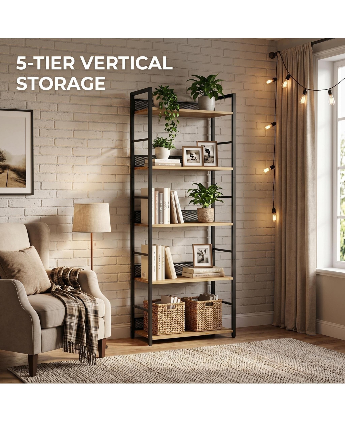 gaomon 5 Tier Bookshelf with Metal Frame and Wood Shelves, Tall Industrial Bookcase Storage Rack for Bedroom Living Room Home Office