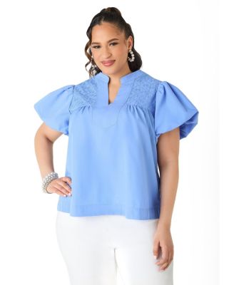 Plus Size Puff Sleeve Embroidered Women's Top