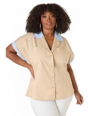 Plus Size Striped Paneled Cotton Women's Shirt