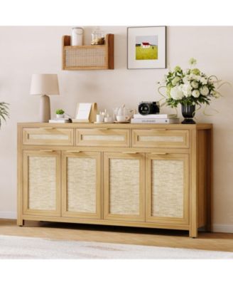 63 Inch Farmhouse Rattan Sideboard Credenza, Storage Buffet with 3 Drawers, 4 Doors and Adjustable Shelves for Home Organization
