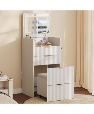 3-in-1 Vanity Desk with Flip-Top Mirror, Lights, 3 Drawers, Rolling Stool and Charging Station, Compact Makeup Vanity Table for Bedroom