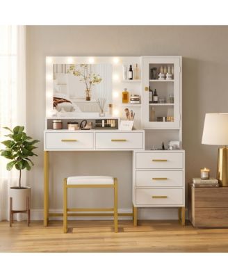 Vanity with LED Mirror, 53.5" Makeup Set, 5 Drawers and Shelves, Charging Station and Stool Included, Modern Dressing Table with Storage