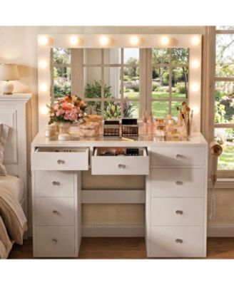 Large Vanity Table with Light Bulbs, Glass Top Makeup Vanity Desk with 11 Storage Drawers Large Makeup Mirror, Power Outlet, Vanity for Bedroom