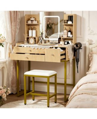 Modern Small Vanity Desk with Mirror, 3-Color LED Lights, Built-in Charging Station, 3 Drawers, 6 Storage Shelves, Bedroom Table