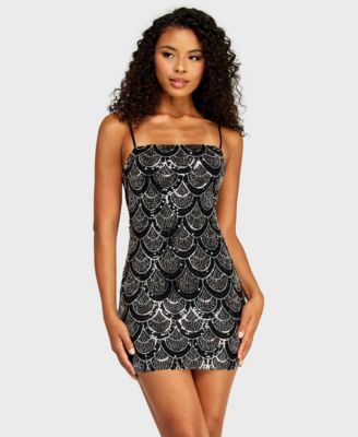 Juniors' Square Neck Beaded Detail Chiffon Back-Tie Sequin Dress