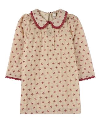 Little Girls Embroidered-Bow 100% Cotton Pointelle Lace-Trim Mini-Print Dress