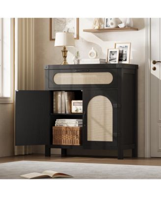 Farmhouse Rattan Cabinet with Drawer, Adjustable Shelves, Synthetic Rattan Accent Doors, Versatile Sideboard Buffet Storage
