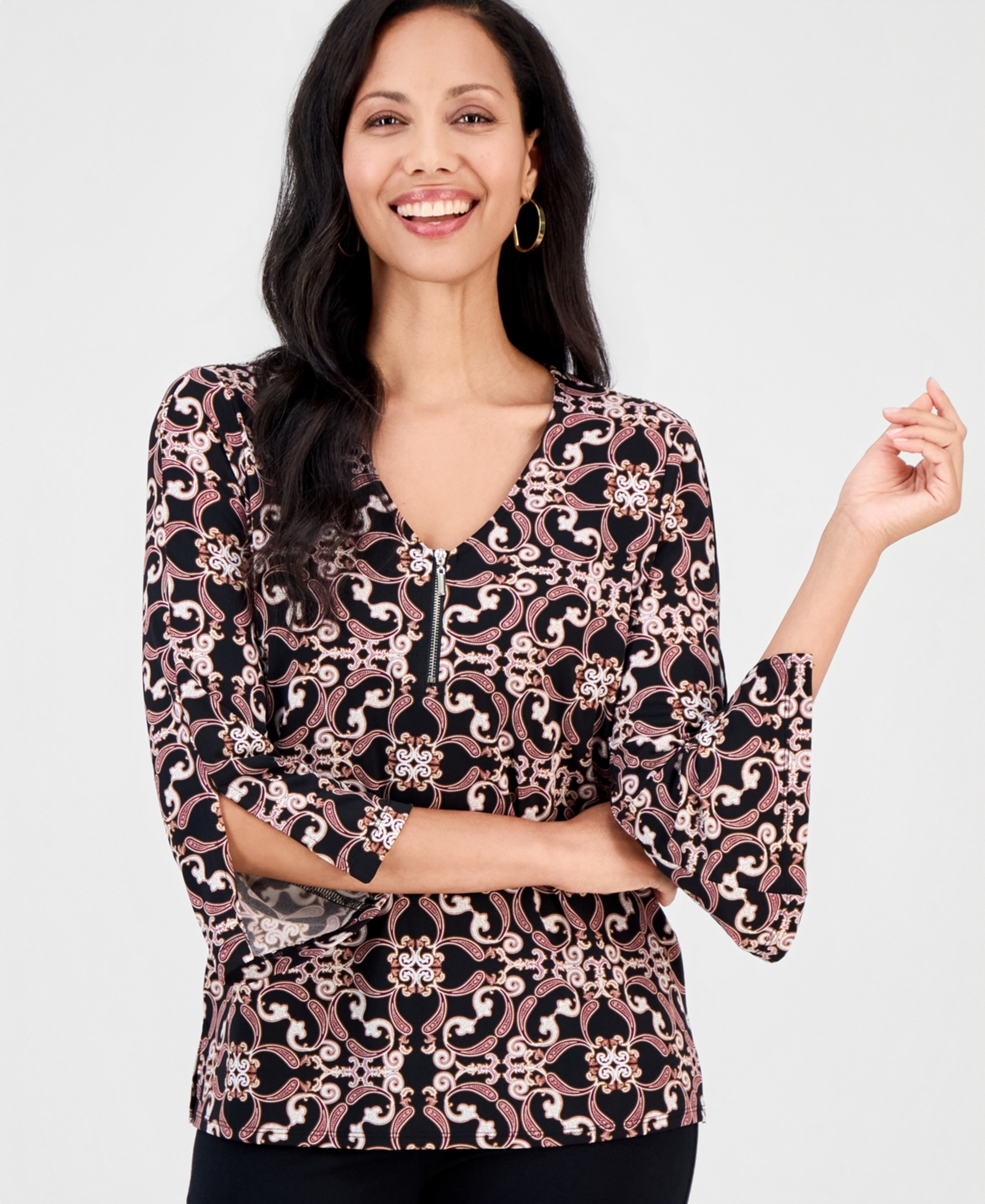Jm Collection Women's Printed 3/4 Sleeve Zip-Front Top, Macy's Exclusive